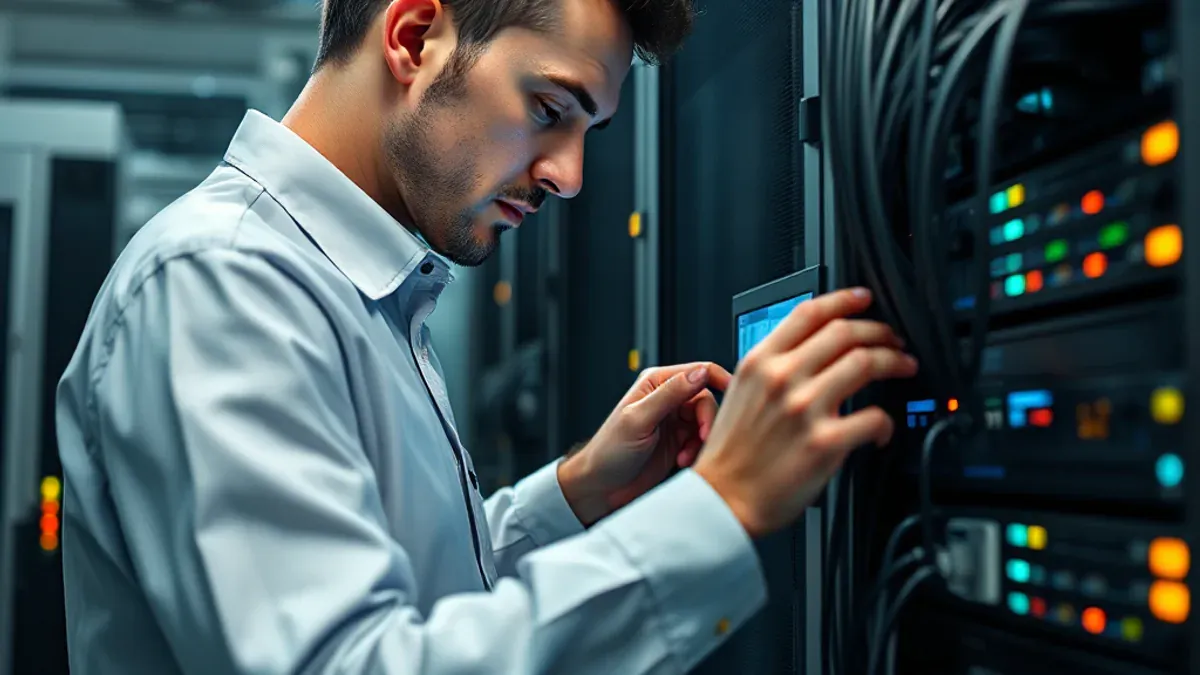 Techniker kontrolliert einen Serverschrank im Rechenzentrum