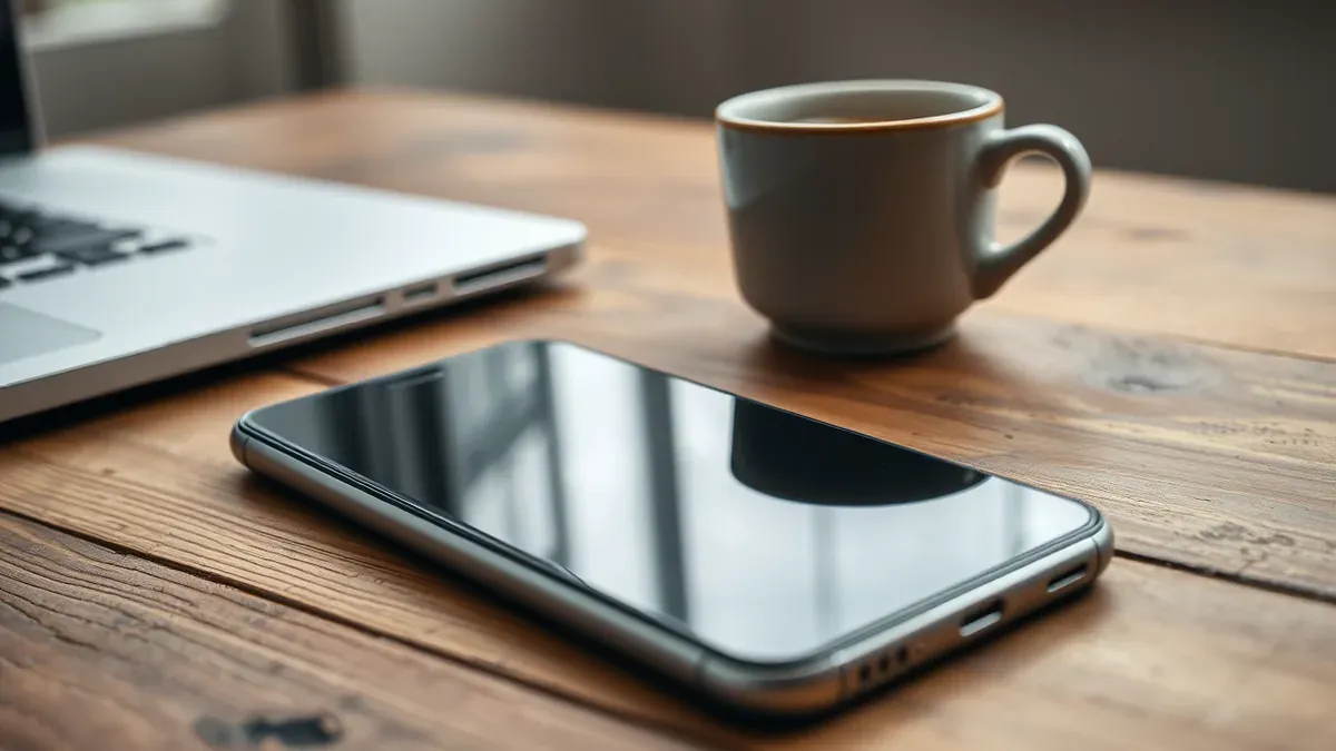 Ein Android-Smartphone auf einem Holztisch, auf dem Display eine Chat-Oberfläche mit einer Warnmeldung, daneben ein Lapt