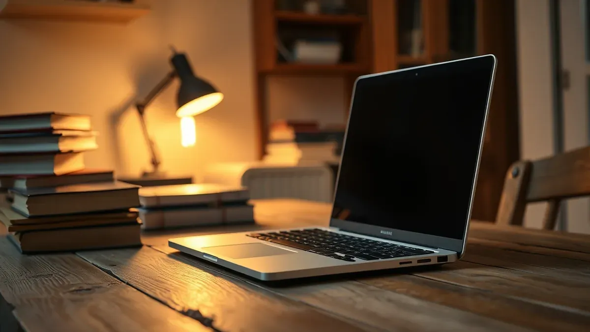 Laptop auf einem Holztisch mit geöffnetem Dokumentenordner daneben, kein Bildschirminhalt erkennbar