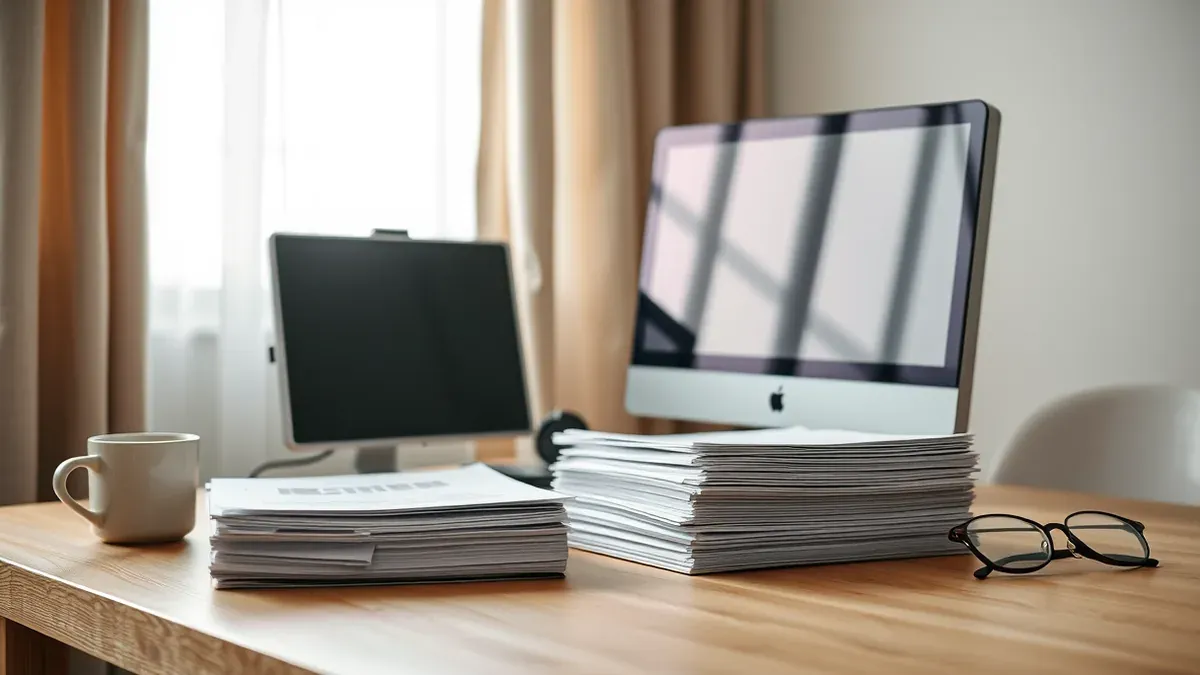 Stapel Papierdokumente neben einem kleinen Desktop-Rechner in einem ruhigen Arbeitszimmer