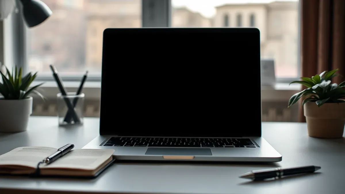 Aufgeklappter Laptop auf einem aufgeräumten Schreibtisch