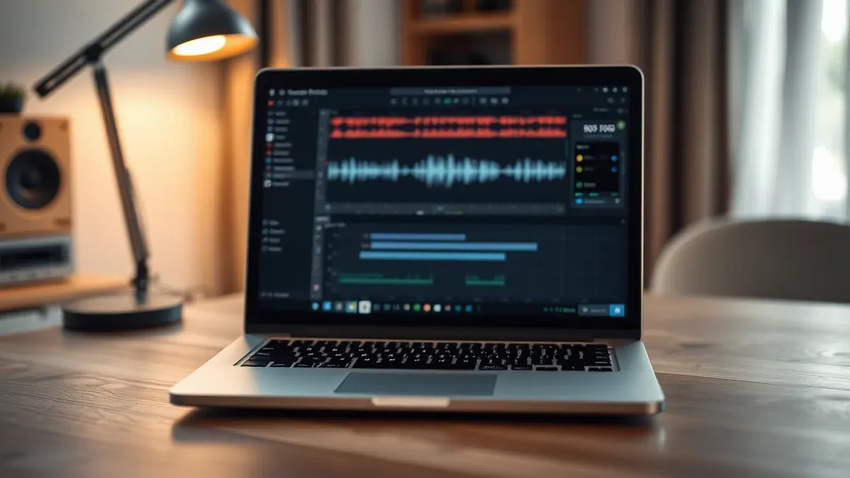 Laptop auf einem Holztisch mit geöffneter Audio-Datei und Wellenform auf dem Bildschirm
