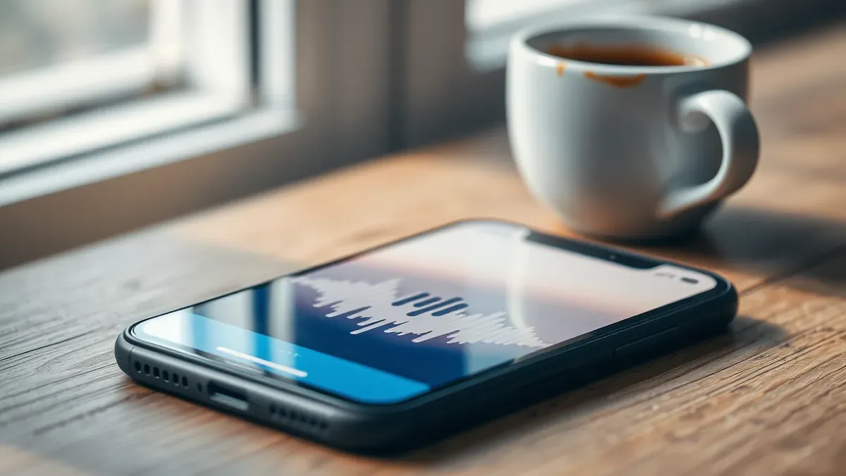 Smartphone neben einem Notizbuch, auf dem Display eine Sprachaufnahme mit Textdarstellung