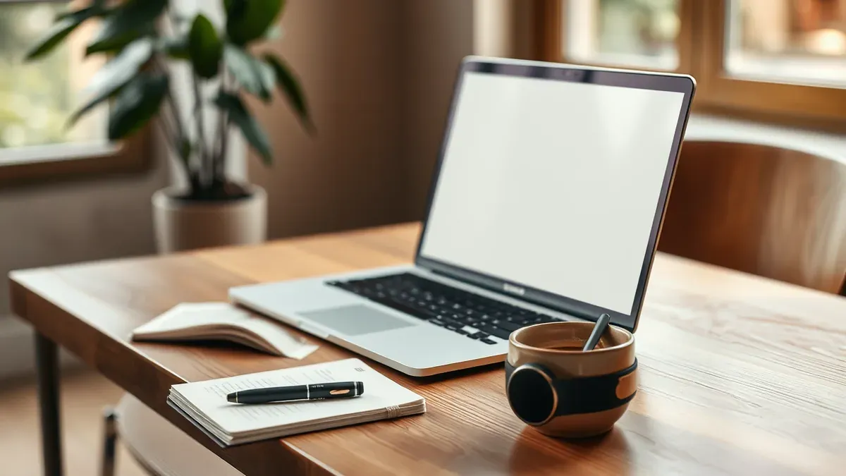 Ein kleines rundes Wearable-Gerät in Onyx auf einem Holztisch, daneben ein Notizbuch und eine Tasse Kaffee