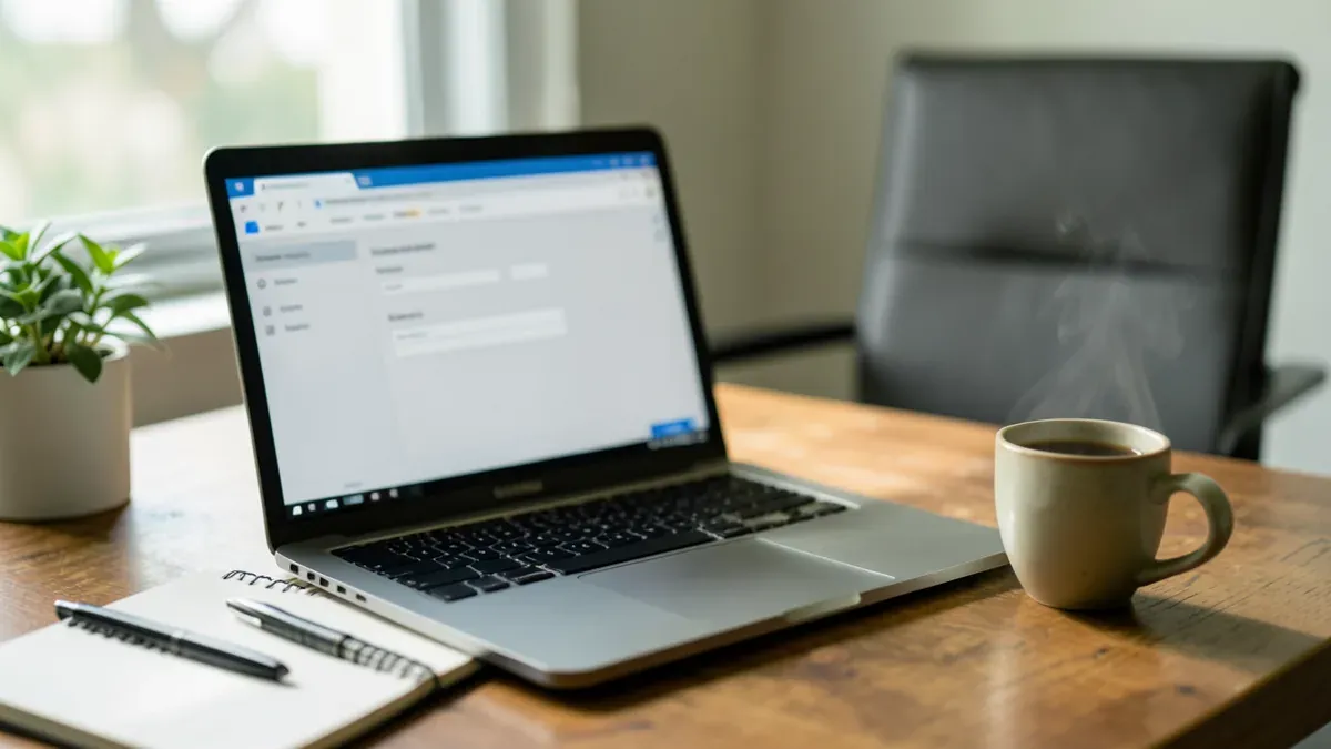 Laptop auf einem Holztisch mit offener Browseransicht einer einfachen Umfrage-Oberfläche, daneben eine Tasse Kaffee