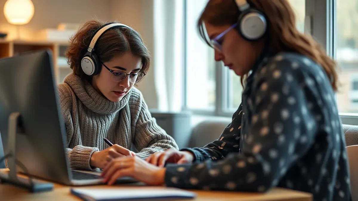 Fotorealistisches Symbolbild: Zwei Personen testen und vergleichen KI-Assistenten am Laptop.