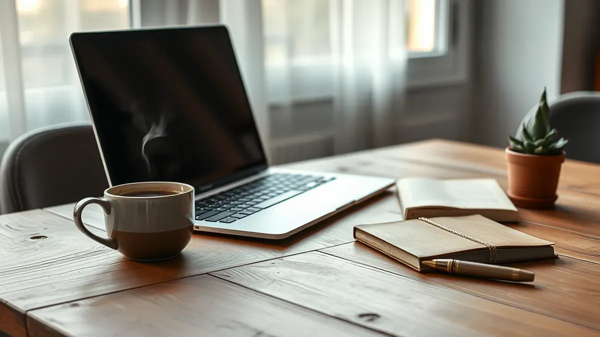 Smartphone auf einem Holztisch mit geöffneter Gemini-App-Oberfläche, daneben ein Notizbuch und eine Tasse Kaffee
