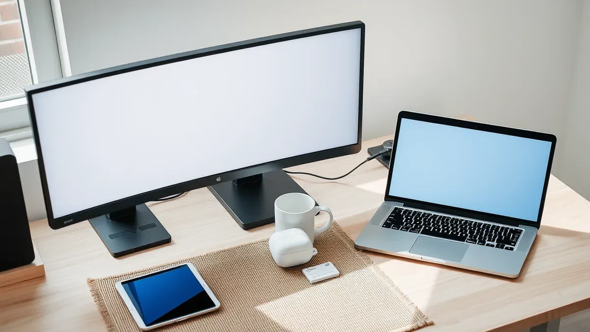 Laptop mit Code-Editor und daneben ein Smartphone, das eine Chat-Oberfläche zeigt, auf einem aufgeräumten Schreibtisch