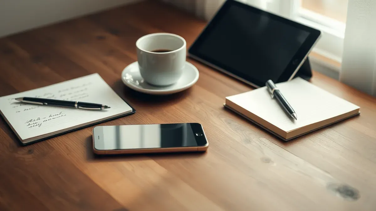 Ein Android-Tablet auf einem Holztisch neben einem aufgeschlagenen Notizbuch und einer Tasse Kaffee