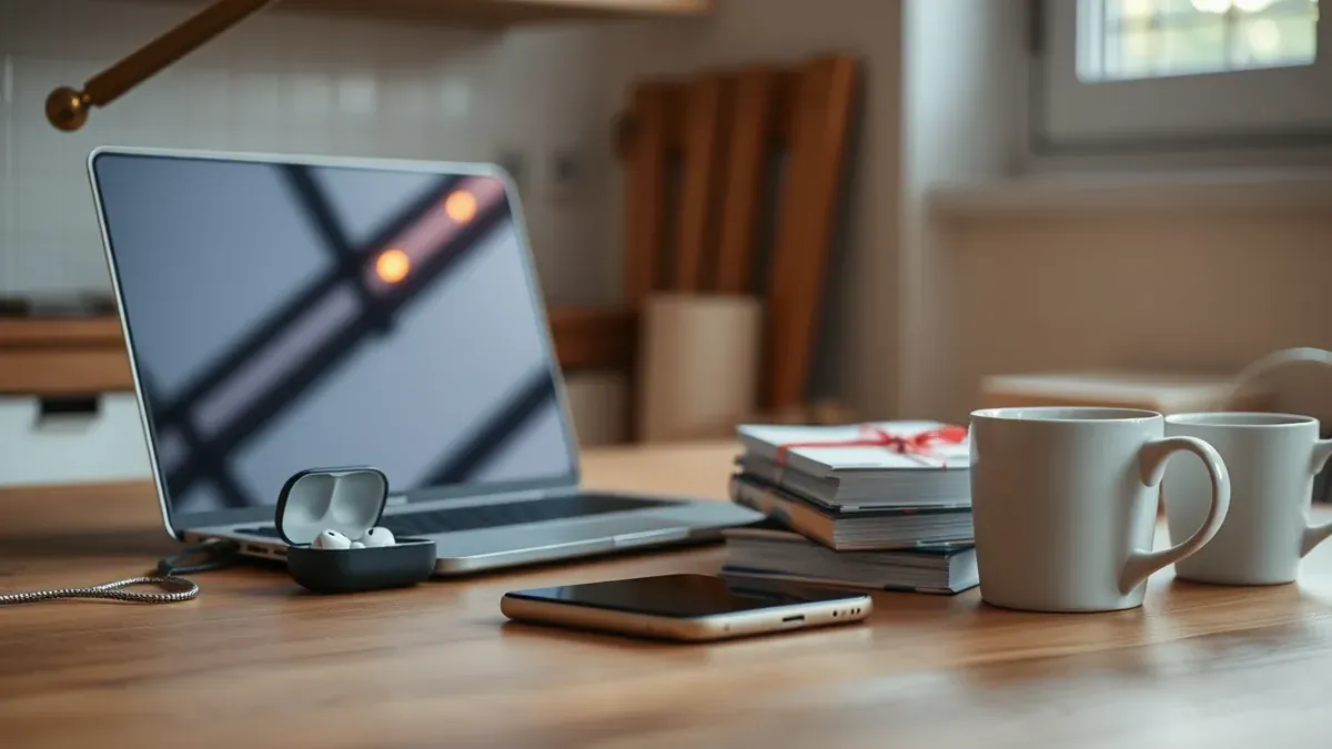 Ein Laptop mit geöffnetem Play Store auf einem Schreibtisch, daneben ein Smartphone und Kopfhörer