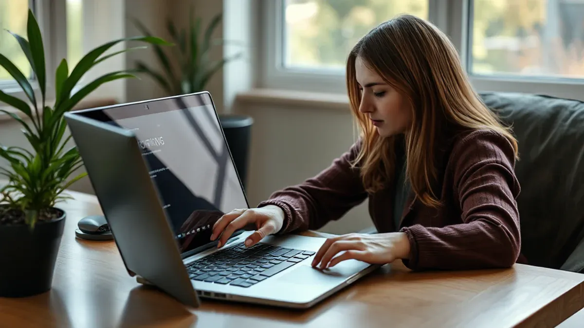 Fotorealistisches Symbolbild: Eine Frau prüft an ihrem Laptop Datenschutz-Einstellungen, bevor sie persönliche Angaben mit einem KI-Assistenten teilt.