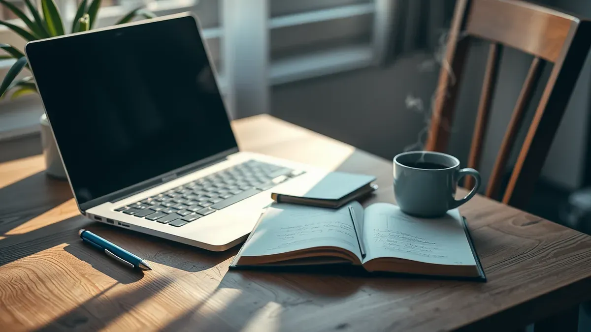 Laptop auf einem Holztisch mit geöffneter Abo-Übersicht, daneben Kaffeetasse und Notizbuch