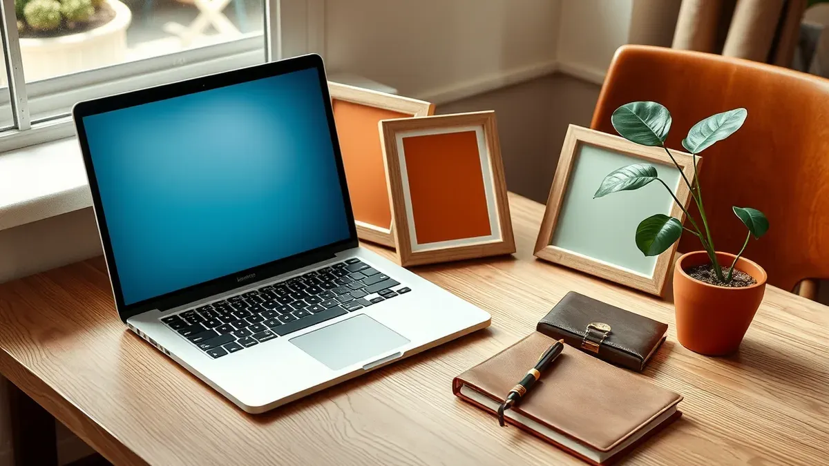 Ein aufgeschlagener Laptop auf einem Holztisch mit vier leeren Bilderrahmen daneben, die verschiedene Farbflächen zeigen