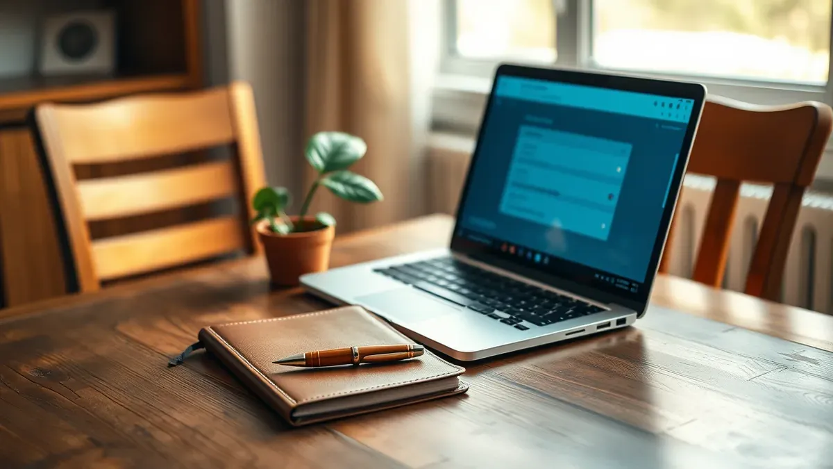Laptop auf einem aufgeräumten Schreibtisch mit geöffneten Einstellungsfenstern, daneben ein Smartphone mit Synchronisier