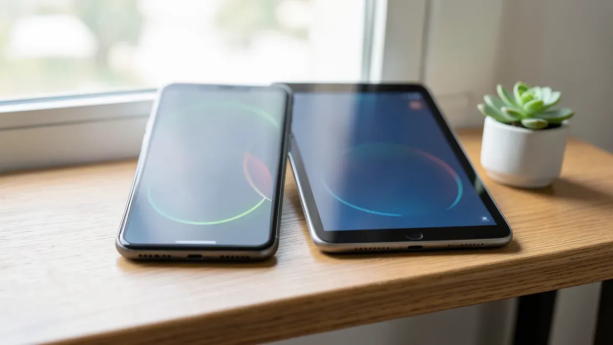 Smartphone und Tablet nebeneinander auf einem Regal, beide mit sichtbarer Synchronisierungsanzeige