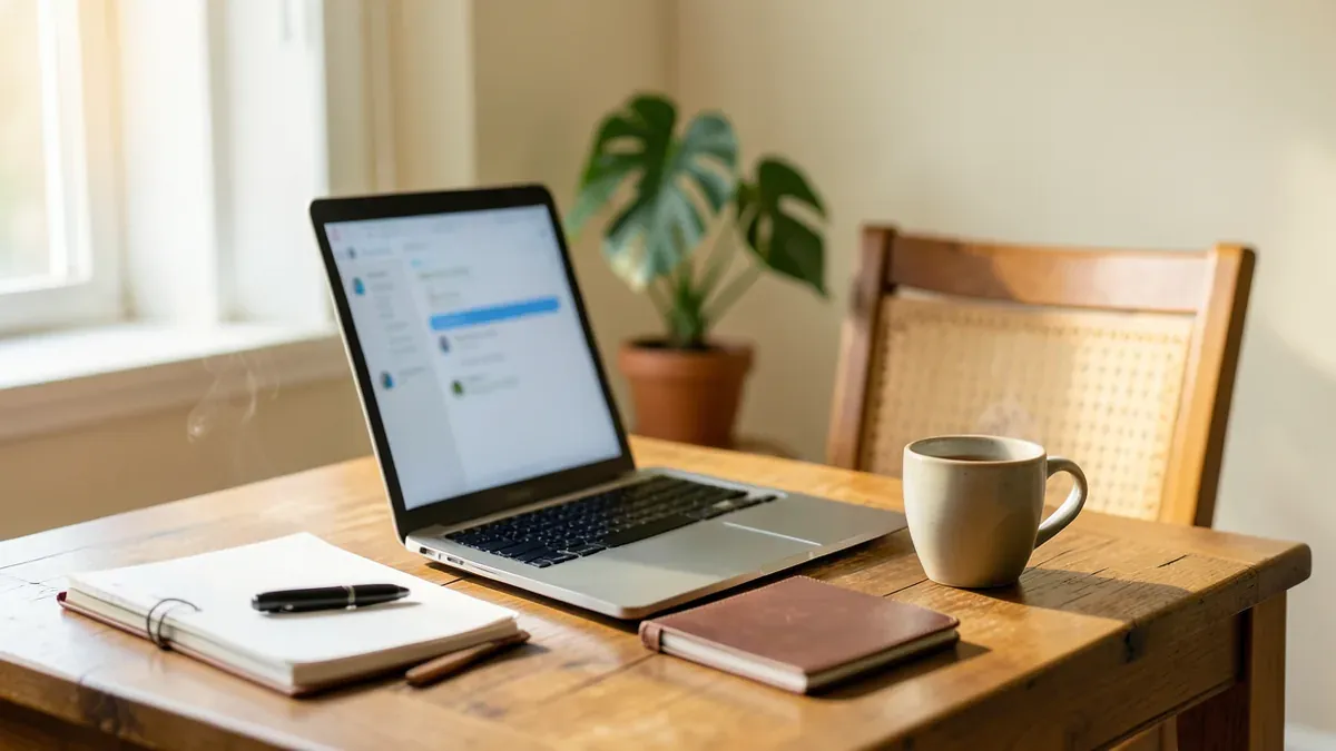 Laptop auf einem Holztisch mit geöffneter Chat-Oberfläche, daneben eine Tasse Kaffee