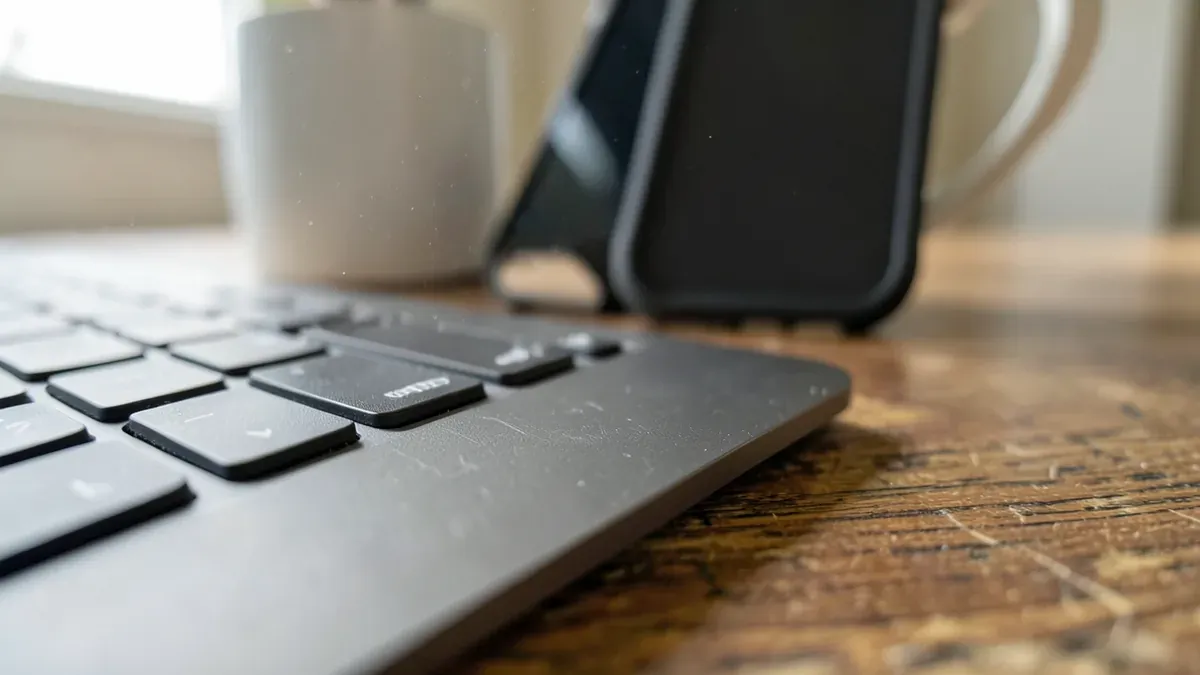 Smartphone und Desktop-Monitor nebeneinander auf einem aufgeräumten Schreibtisch