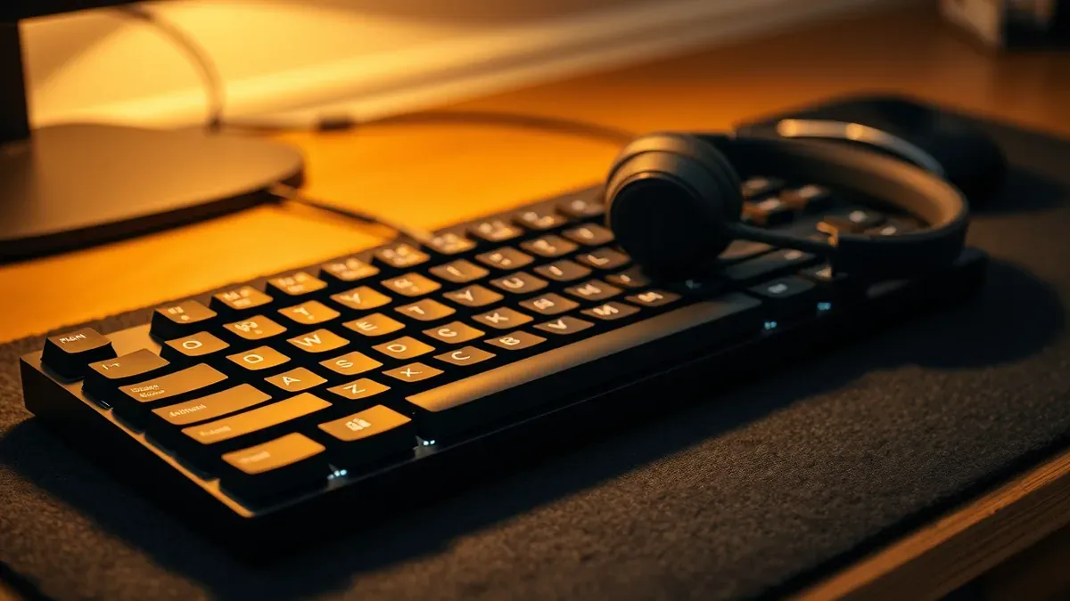 Nahaufnahme einer Tastatur mit Leertaste und daneben liegendem Headset