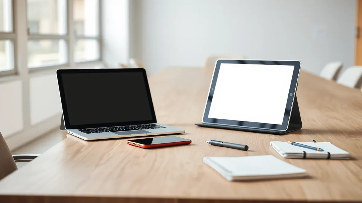 Tablet, Laptop und Smartphone liegen nebeneinander auf einem Besprechungstisch
