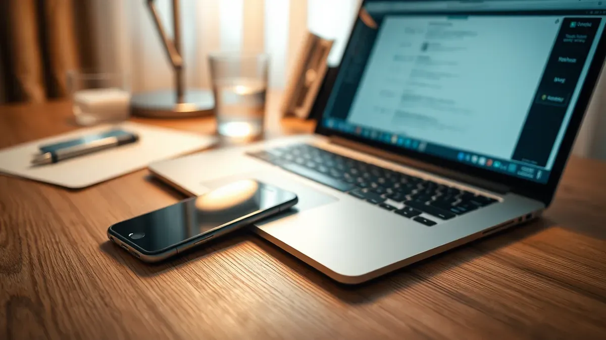Smartphone und aufgeklappter Laptop auf einem aufgeräumten Schreibtisch