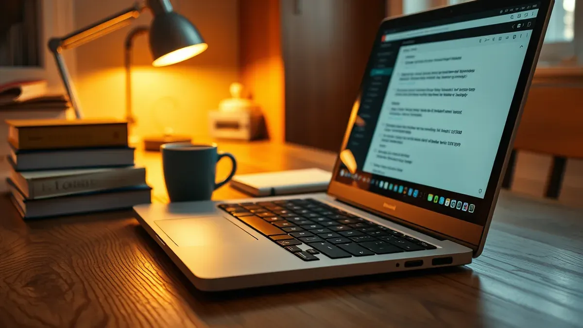 Laptop auf einem hellen Schreibtisch mit geöffnetem Übersetzungsfenster, daneben eine PDF-Datei als Icon