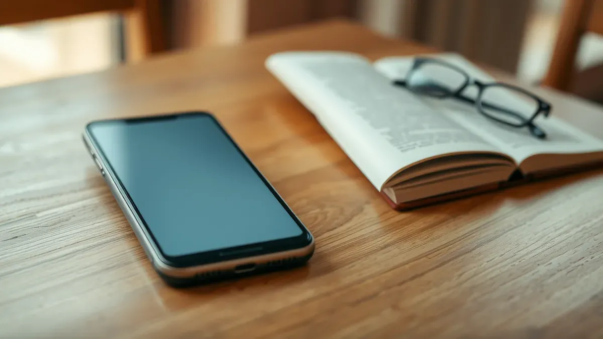 Smartphone mit Sprachübersetzungs-Symbol auf einem Holztisch, im Hintergrund ein aufgeschlagenes Buch