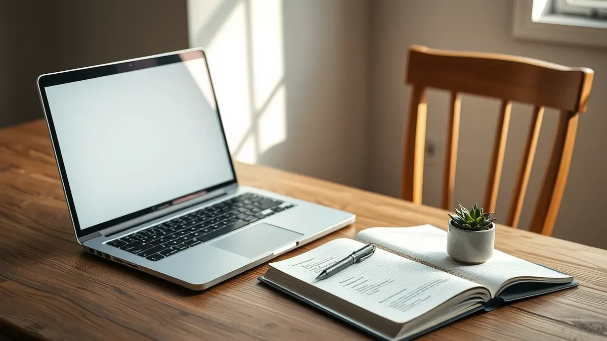 Schreibtisch mit Laptop, daneben ein aufgeschlagenes Notizbuch und eine Tasse Kaffee