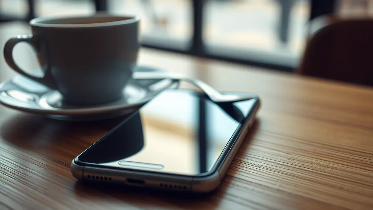 Tablet und Tastatur auf einem Holztisch, daneben eine Tasse Kaffee und ein Stift