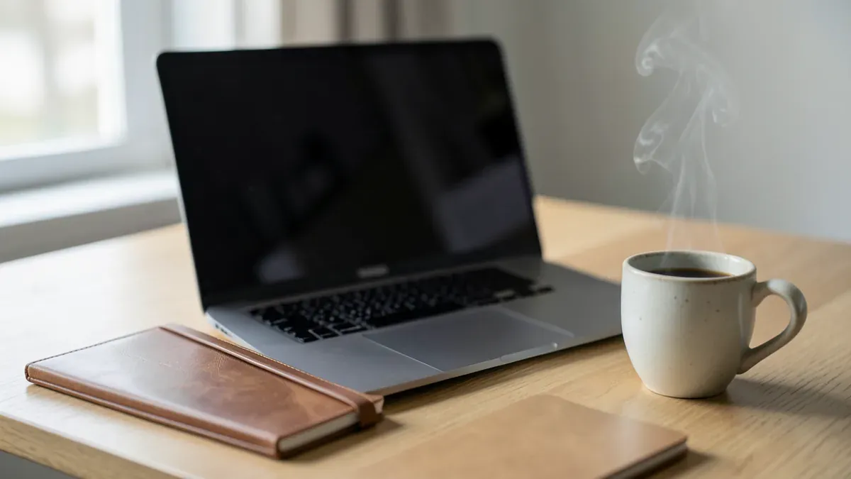 Ein moderner Laptop auf einem Holztisch, daneben ein Notizbuch und eine Tasse Kaffee, kein Mensch im Bild.