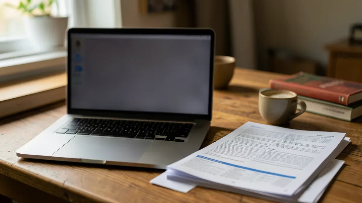 Schreibtisch mit Laptop, daneben ein aufgeschlagenes PDF-Dokument und eine Tasse Kaffee