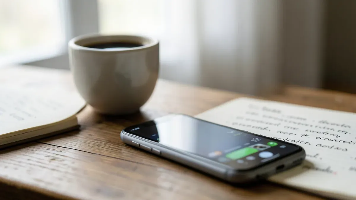 Smartphone mit Kopfhörern auf einem Tisch, daneben ein Notizbuch mit Sprachvokabeln